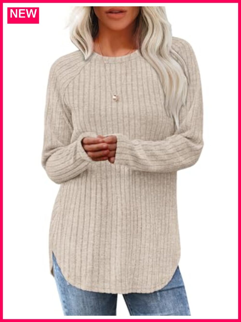 Women's Long Sleeve Tunic Top Loose Fit Curved Hem Crewneck Pullover